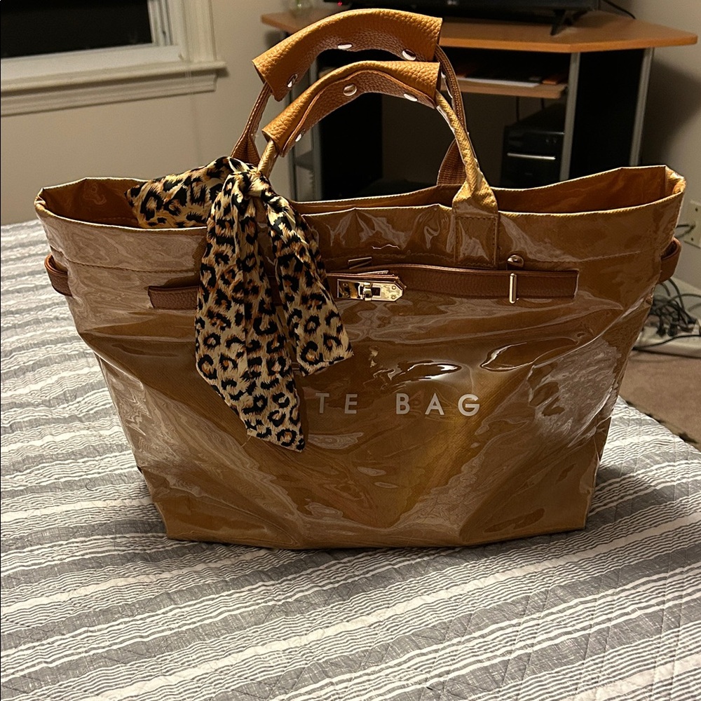 Brown Tote Bag with Leopard Print Scarf